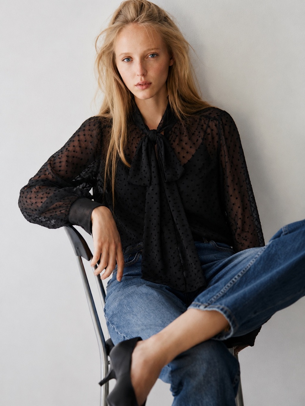 H&M Sheer Black Polka Dot Blouse with Bow Tie